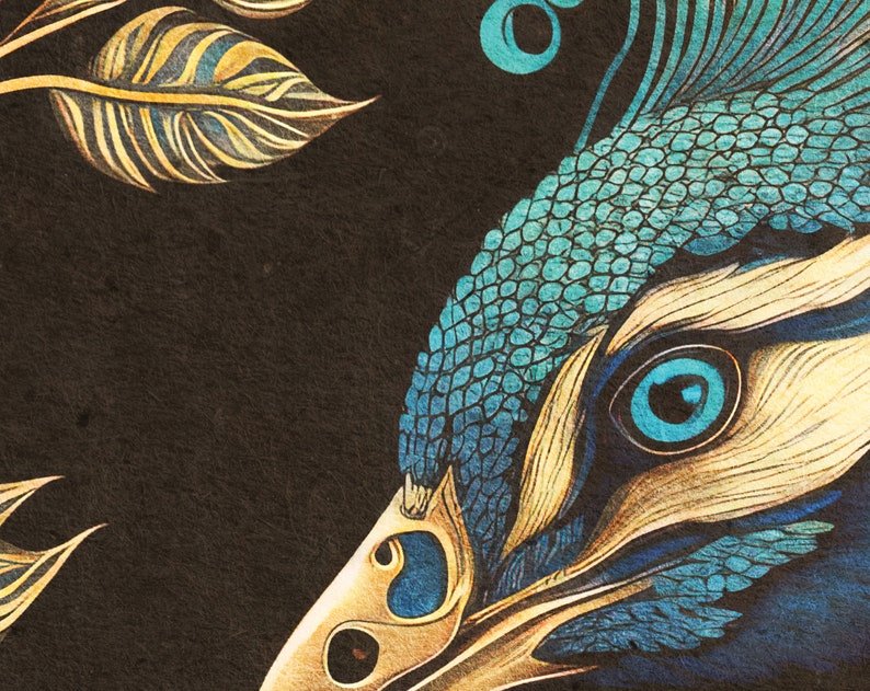 May include: Close-up of a peacock's head and neck, with detailed blue and gold feathers. The eye is a bright blue with a black pupil.