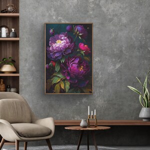 May include: A framed print of a dark floral arrangement featuring purple and pink peonies on a dark green background.