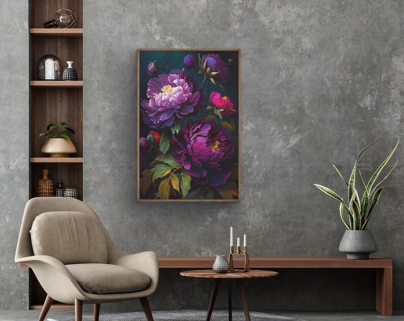 May include: A framed print of a dark floral arrangement featuring purple and pink peonies on a dark green background.