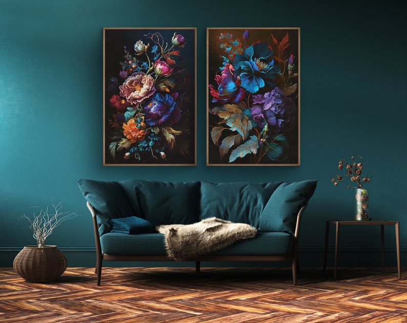 Set of 2 Printable Jewel Tone Wall Art Dark Floral Prints Moody Wall ...