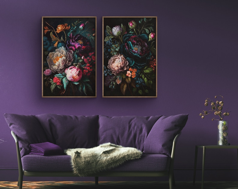 Set of 2 Printable Jewel Tone Dark Floral Wall Art Prints - Etsy