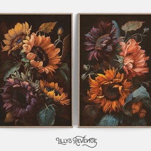 Impresiones de pintura de girasoles Estampado floral oscuro Arte de pared de flores Estampado botánico oscuro Bodegón de flores Pintura de girasoles DESCARGA DIGITAL