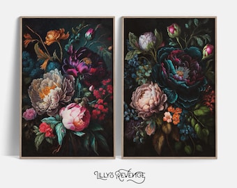 Set of 2 Printable Jewel Tone Dark Floral Wall Art Prints Peony Painting Prints Flower Wall Art Dark Botanical Decor DIGITAL DOWNLOAD