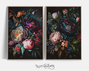 Ensemble de 2 Printable Jewel Tone Dark Floral Wall Art Prints Peony Painting Prints Flower Wall Art Dark Botanical Decor DIGITAL DOWNLOAD