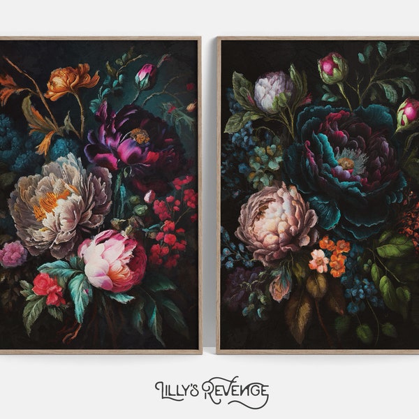 Set van 2 afdrukbare Jewel Tone Dark Floral Wall Art Prints Peony schilderij Prints Flower Wall Art Dark Botanische Decor DIGITALE DOWNLOAD