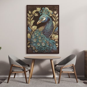 May include: A framed illustration of a peacock with blue and green feathers, surrounded by gold leaf details. The peacock is facing left and has a crown of blue and green feathers on its head.