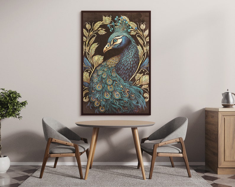 May include: A framed illustration of a peacock with blue and green feathers, surrounded by gold leaf details. The peacock is facing left and has a crown of blue and green feathers on its head.