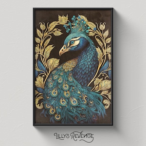 May include: A detailed illustration of a peacock with blue and green feathers, set against a dark background with gold leaf accents. The peacock's head is turned to the side, and its eye is visible. The illustration is framed in a black frame.