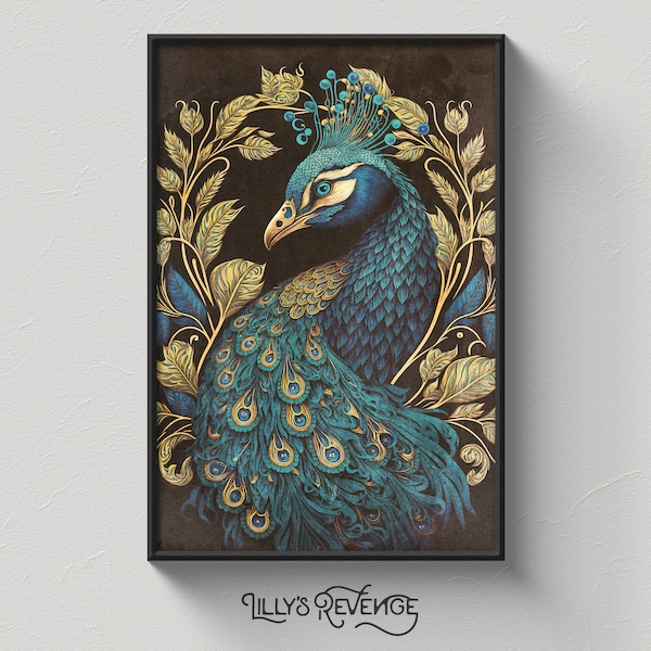 Art Nouveau Peacock Art Print | Jewel Tone Decor | Peacock Wall Art | Art Nouveau Animal Wall Art | Printable DIGITAL DOWNLOAD