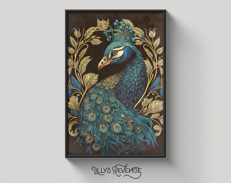 May include: A detailed illustration of a peacock with blue and green feathers, set against a dark background with gold leaf accents. The peacock's head is turned to the side, and its eye is visible. The illustration is framed in a black frame.