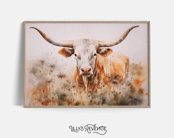 Printable Longhorn Wall Art Texas Farmhouse Decor Longhorn Painting Western Wall Decor Rustic Wall Art Longhorn Print DIGITAL DOWNLOAD