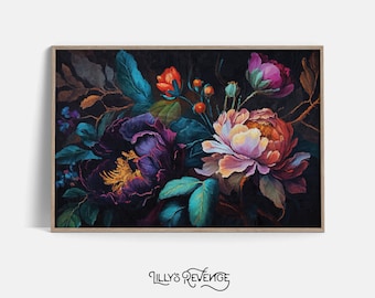 Impresión de arte mural floral oscuro en tonos joya imprimible, impresión de pintura de peonía, arte mural floral, decoración botánica oscura, descarga digital