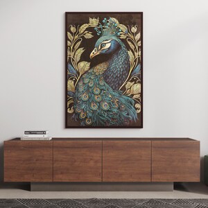May include: A framed illustration of a peacock with a blue and green plumage, surrounded by gold leaf details on a dark brown background.