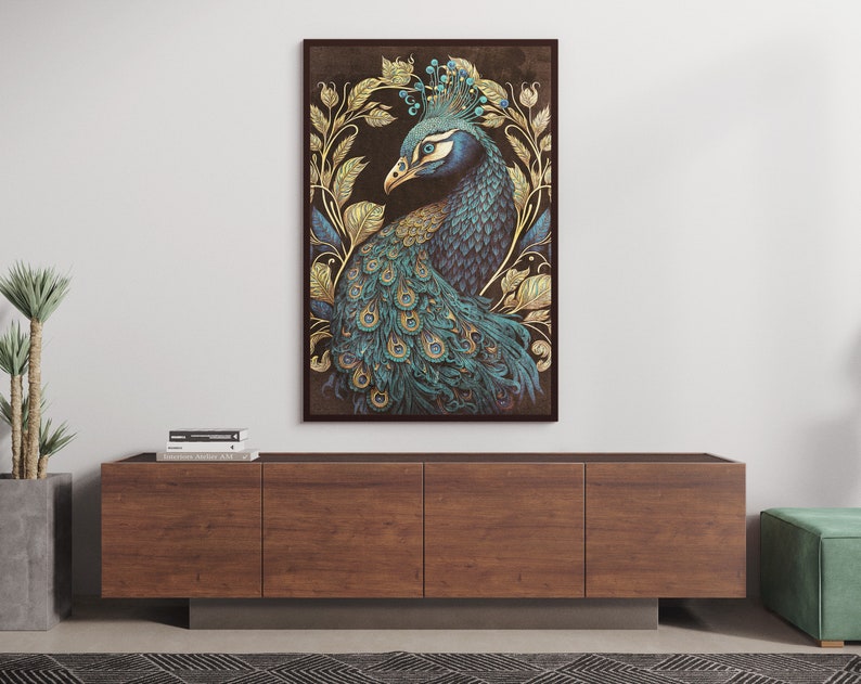 May include: A framed illustration of a peacock with a blue and green plumage, surrounded by gold leaf details on a dark brown background.