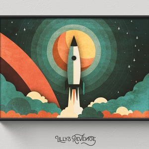 Puede incluir: Una ilustración de estilo retro de un cohete lanzándose al espacio. El cohete es blanco con una aleta turquesa y está rodeado de un fondo abstracto colorido de naranja, turquesa y marrón. El fondo también presenta un círculo con un sol amarillo y un cielo azul oscuro con estrellas blancas.