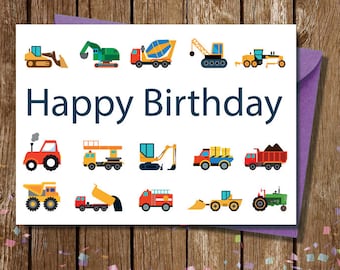 Kartka urodzinowa z pojazdem budowlanym: Wydrukowana impreza samochodowa (do pobrania w wersji cyfrowej)