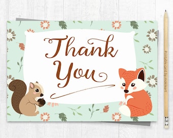 thank you card, woodland printable ,Printable Card-Printable thank you Card - Party card ,favor cards ,party supplies ,animals card