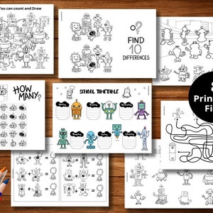 Robot Printable Activity and Coloring Sheets - 8 Fun Pages for Kids