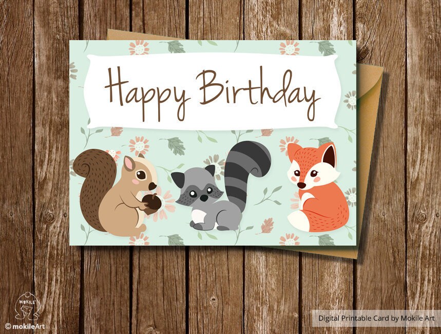 woodland birthday cards, Printable Birthday Card ,Digital Template ,Printable Envelope A2,HAPPY BIRTHDAY CARD, woodland birthday
