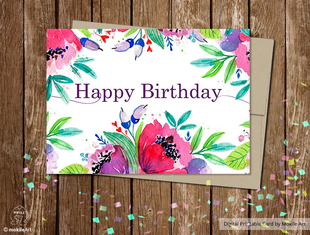 Floral Birthday Card: Watercolor Flowers Printable (digital Download ...