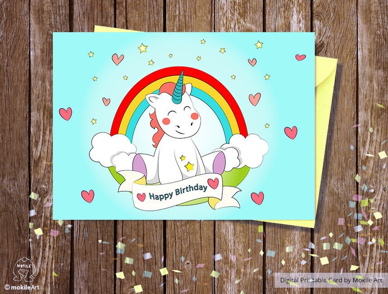 Unicorn Printableprintable Birthday Cardshappy Birthday - Etsy