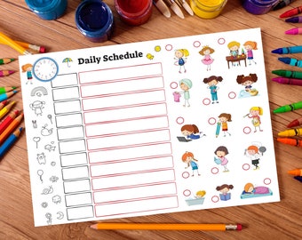May include: A printable daily schedule with blank spaces for writing in activities and a clock at the top. The schedule is decorated with colorful illustrations of children doing various activities, such as playing, reading, and eating.