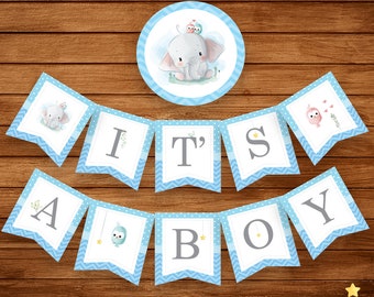 elephant banner, It's a Boy Banner, PRINTABLE, Blue Elephant Baby Shower Banner, Baby Boy, Elephant Theme- Digital (10 Flags)