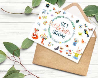 Printable Get Well Soon Card: Floral Animals (PDF)