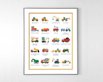 Transportprint jongens: kinderkamerdecoratie bouwvoertuigen (digitale download)