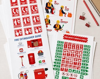 Puede incluir: Una colección de hojas impresas con guías de instrucciones de seguridad contra incendios, señales de salida de emergencia y etiquetas de equipo. Los documentos muestran ilustraciones de extintores, procedimientos de seguridad e iconos de alarmas.