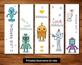 Printable Robot Bookmarks – 5 Unique Designs (Instant Download)