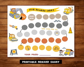 May include: A printable construction-themed reward chart with a yellow excavator, a yellow cement mixer, a yellow road roller, and a yellow dump truck. The chart has a series of circles to color in as rewards are earned. The text "YOUR REWARD CHART", "START HERE", "YOU CAN DO IT!" and "YOU DID IT!" is included on the chart.