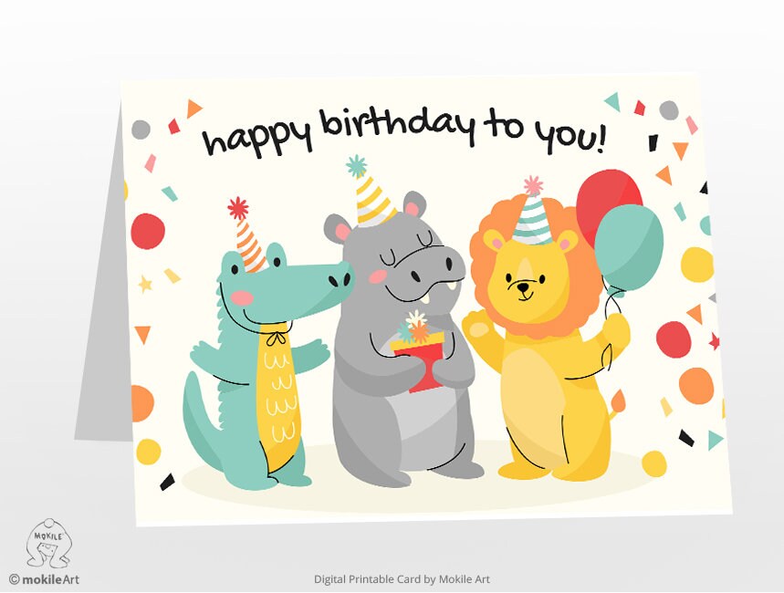 Birthday CardPrintable Birthday Card animal birthdaycake - Etsy España