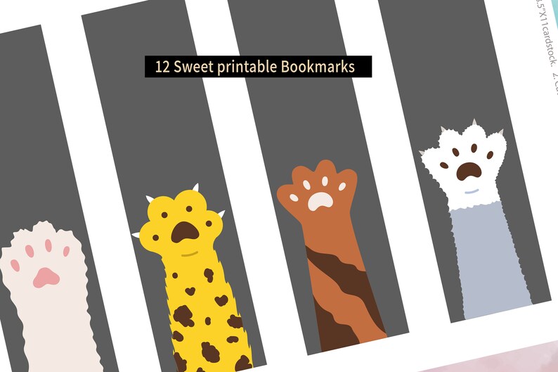 May include: Twelve printable bookmarks featuring a paw print design. Each bookmark has a different color and pattern, including yellow, orange, white, and gray. The bookmarks are perfect for cat lovers and bookworms.
