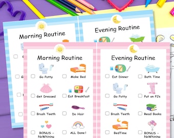 Tabella delle faccende domestiche per bambini stampabile, tabella della routine mattutina e serale, programma per bambini piccoli, lista di controllo giornaliera in PDF