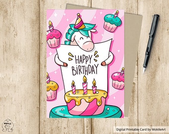 printable birthday cards,unicorn party ,unicorn birthday printable,birthday card, Digital Printable card,Happy Birthday Girl