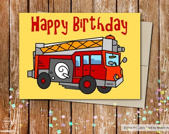 Kartka urodzinowa z wozem strażackim: do druku dla dzieci (szablon cyfrowy)