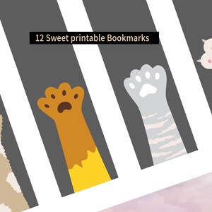 May include: Twelve printable bookmarks featuring cute paw prints in various colors, including pink, orange, brown, and gray. The bookmarks are designed with a simple, modern aesthetic and are perfect for cat lovers.