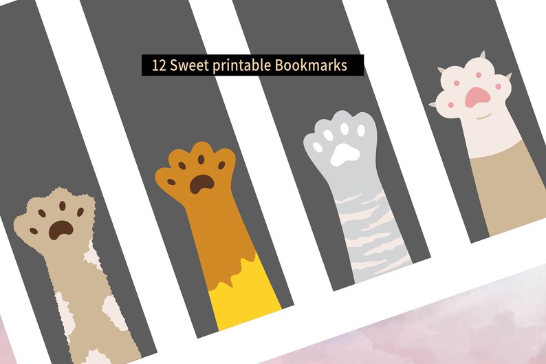 May include: Twelve printable bookmarks featuring cute paw prints in various colors, including pink, orange, brown, and gray. The bookmarks are designed with a simple, modern aesthetic and are perfect for cat lovers.
