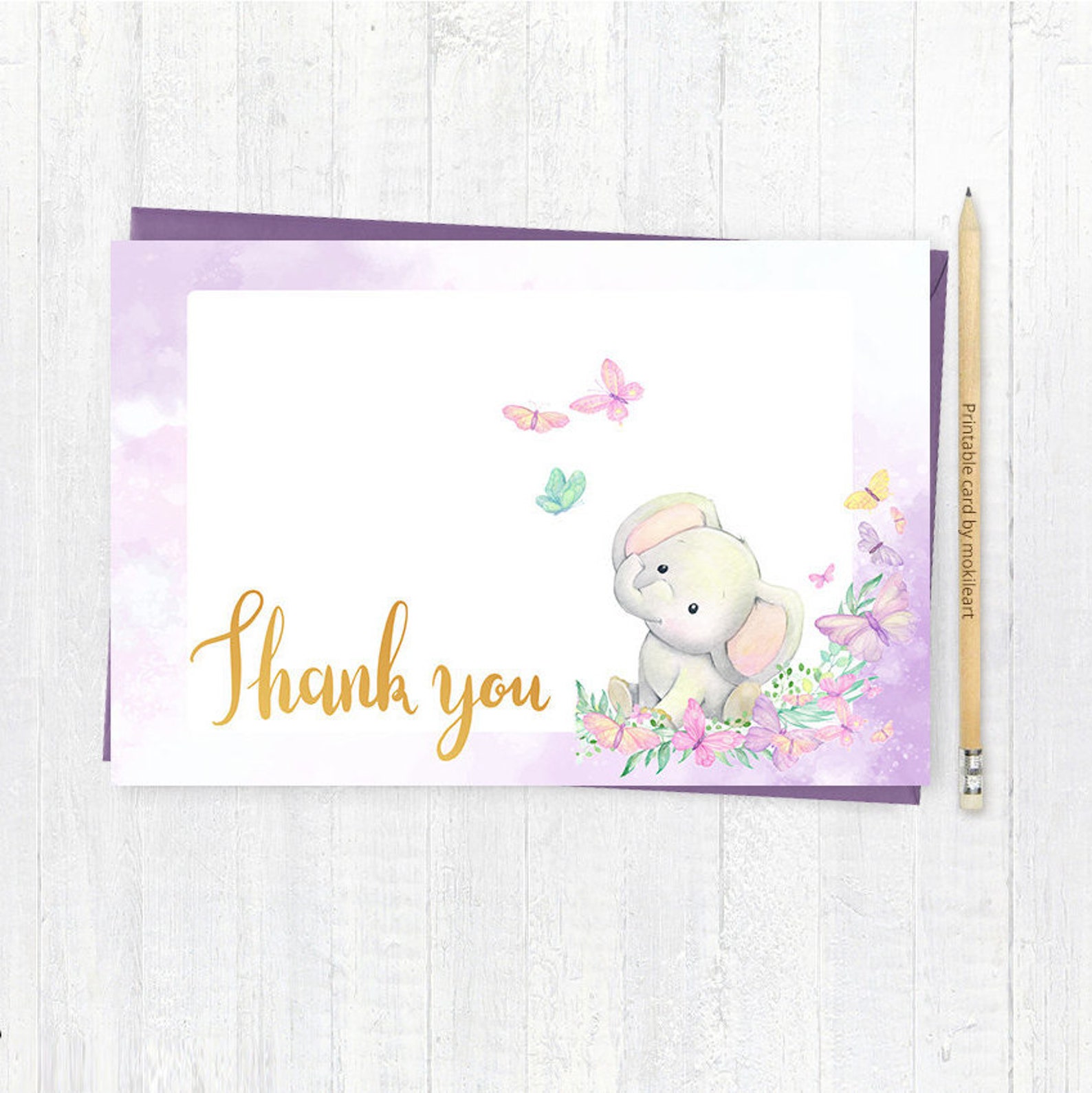 Elephant Thank You Card, Elephant Theme Party Favor, Watercolor, Cute ...