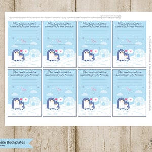 May include: Printable bookplates featuring a penguin couple with a heart and an igloo on a blue background. The text reads "This book was chosen especially for you because:" with a line for writing.