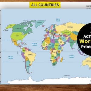 Afdrukbare kleurplaat wereldkaart voor kinderen – landen en oceanen leren – educatieve geografie-activiteit