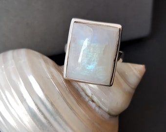 Pierre de lune, bague pierre de lune, pierre de lune arc-en-ciel, argent 925, labradorite