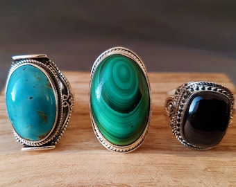 Bagues en pierres précieuses, onyx en argent, malachite en argent 925