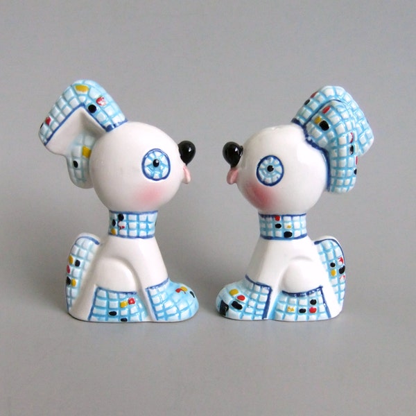 Dog Salt and Pepper Shakers Vintage Relco Japan Vintage Dogs Blue Mosaic Style