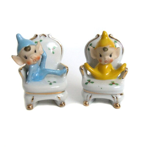 Reservados Vintage Pixie duendes, duendes de miniatura en sillas, amarillo Elf, elfos duende azul, Japón, orejas puntiagudos, mediados siglo Navidad decoración