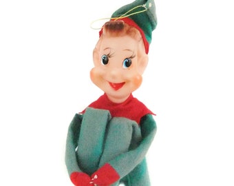 Green Knee Hugger Pixie Elf, Large Size Elf Shelf Sitter, Green and Red, 1950&#39;s 1960&#39;s Mid Century Christmas Decoration