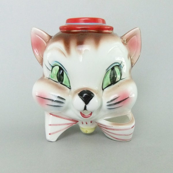 Vintage Cat String and Scissor Holder, Cat Wall Mount, Cat Yarn Holder, Kitsch Kitchen Decor, Anthropomorphic Cat Head Ceramic Figurine