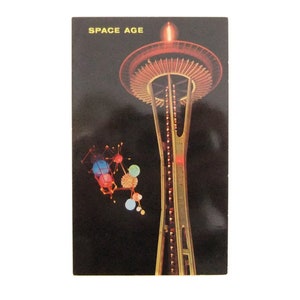 Cartão postal vintage Space Needle Cartão postal de Seattle Era espacial Feira mundial de Seattle, Cena noturna de Sputniks vintage Cartão postal de Seattle Washington