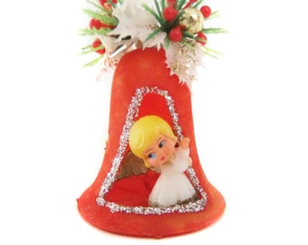 Miniature Angel in Red Flocked Bell Ornament, Plastic Angel Ornament, Flocked Ornament, Angel Ornament, Vintage Kitsch Christmas Decor